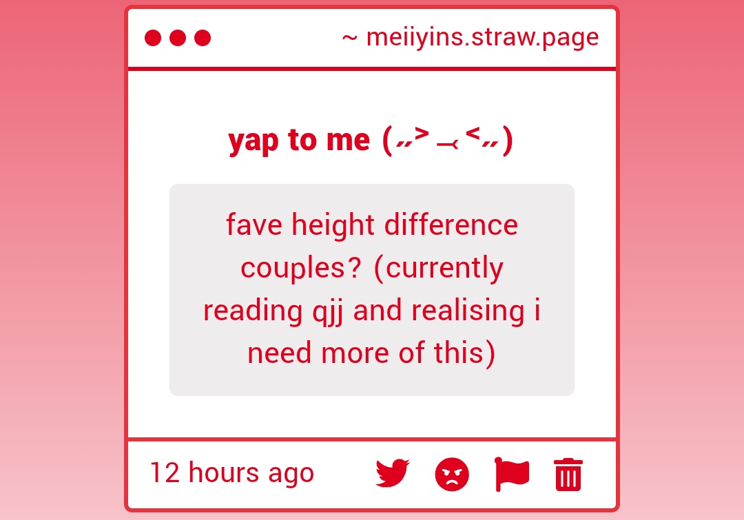 my top 3 feitian novels have perfect height difference lol
• dinghai fusheng records
• joyful reunion
• legend of exorcism
• how to survive as a villain - 13cm
• i can do it - 12cm
• sissy - 11cm
• 女装后被高冷室友盯上了 - no specifics but literally THE size difference