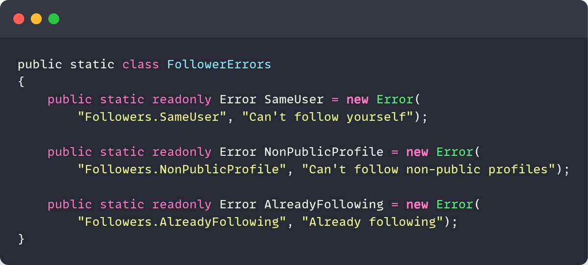 mjovanovictech's tweet photo. A nice side effect of using the Result pattern – errors become documentation.

What I'll often do is describe domain errors in a static class.

This class now becomes documentation, describing how a specific aggregate (for example) can cause an error. https://t.co/YkYVmDMVSh