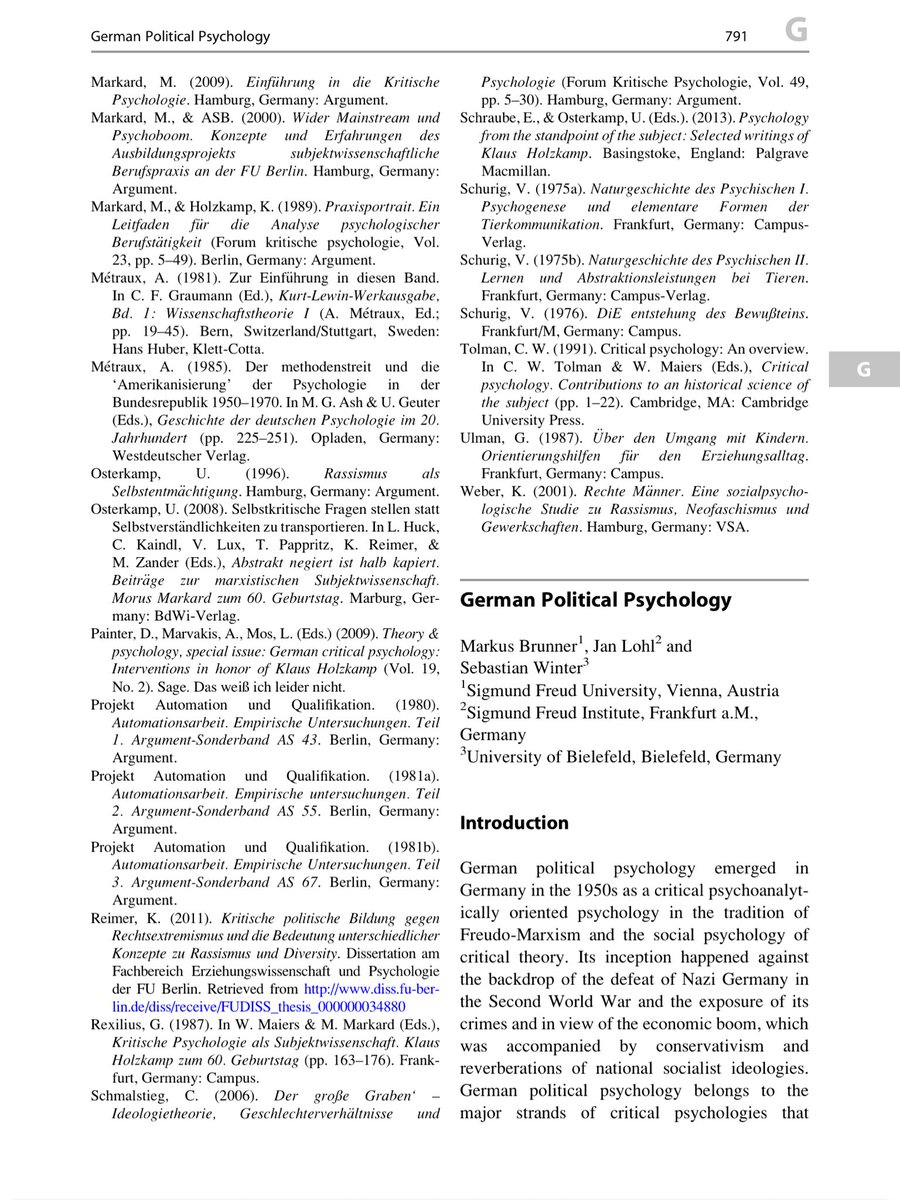 I found another (rather short) article in English about the tradition of political psychology in Germany that discusses the development of a critical psychoanalytic theory of the subject by Alexander Mitscherlich, Alfred Lorenzer, Peter Brückner, Klaus Horn, and Helmut Dahmer.
