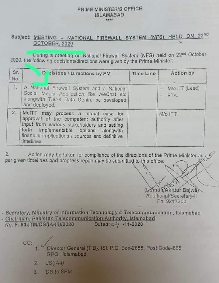 Decision and Direction for a National Firewall system was given by former Prime Minister Imran Niazi on 22 Oct 2020.
