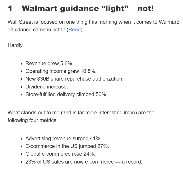 Walmart on aika kovassa tikissä ja arvostus sen mukainen.

FWD P/E 42 alkaa hirvittämään arvosijoittajaa.

Ostin ensimmäisen erän osakkeita vuonna 2011 splittikorjattuun hintaan $18. Nyt $123. Myin erän satasella... Vielä onneksi puolet positiosta jäljellä.

Kuva:  Five with Fitz