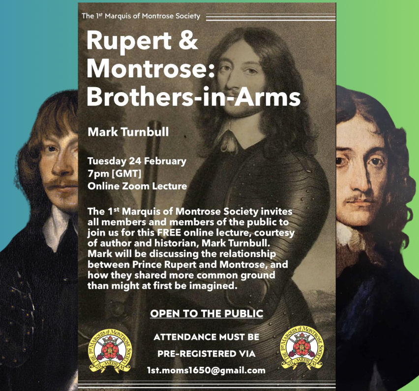Join me next week - Tuesday 24th February, 7pm - for a free online talk to the 1st Marquis of Montrose Society.
There are parallels in the lives &amp; careers of the two most celebrated Royalist commanders of the Civil War.
📩email the society to register: 1stmoms1650@gmail.com