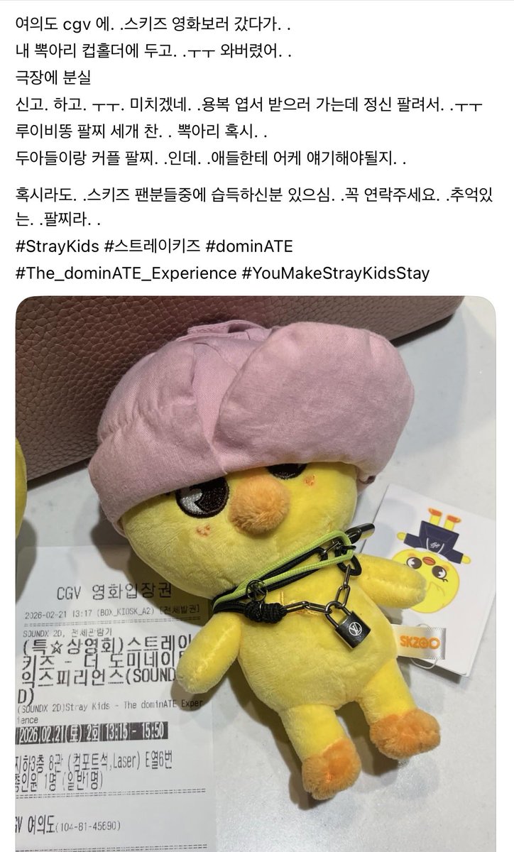 NAE_FELIX's tweet image. [뽁아리 찾습니다] rt부탁드려요!!!

21일(토)CGV여의도 13:15 스키즈 영화 보셨던 스테이분들~ 
혹시 뽁아리 인형 보셨거나 보관중인 스테이님 계신다면 연락주세요!