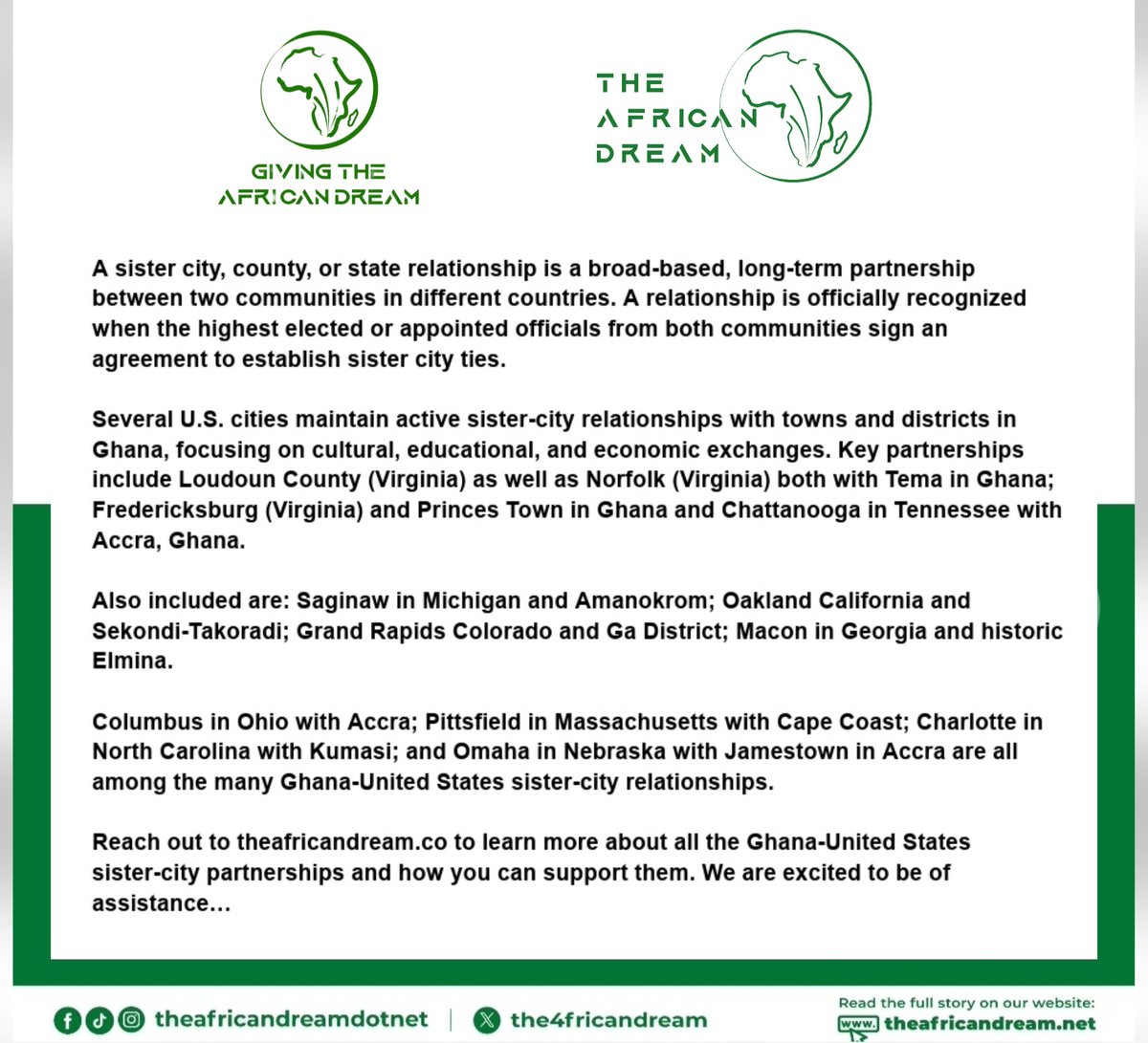 Learn more about the several sister-city partnerships that exists between The Republic of Ghana and the United States of America...
.
.
.
#SisterCity
#SisterCities
#SisterCitiesInternational
#TheAfricanDreamConsultancy
.
.