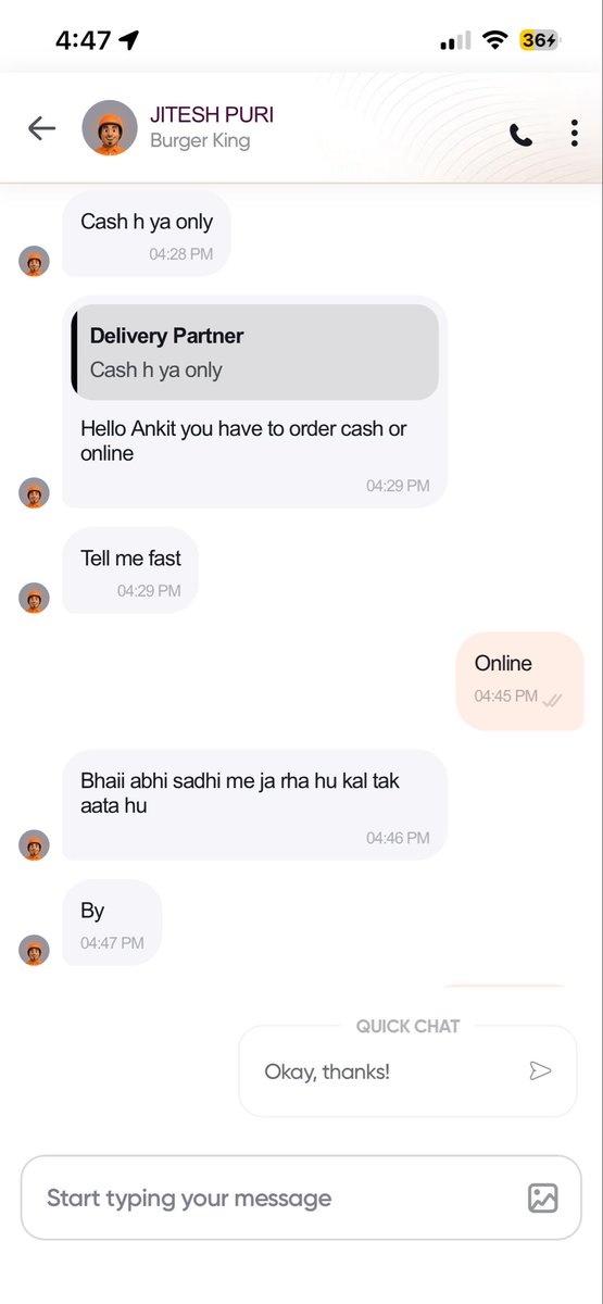 some1_as_ankit's tweet photo. @SwiggyCares @Swiggy Love the new feature where the delivery partner attends a wedding before delivering my food.

Ordered snacks. Got a “kal tak aata hu.”
Is this premium slow dining? 😌

Please advise.
#Swiggy https://t.co/DZkiKLfZLz