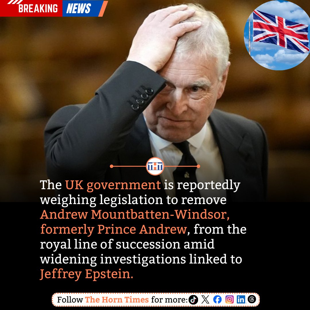 The UK government is reportedly considering legislation to remove Andrew Mountbatten-Windsor, formerly Prince Andrew, from the line of succession as investigations linked to Jeffrey Epstein continue.

Should he remain in the royal line?

#UK #RoyalFamily