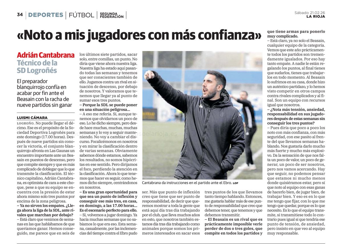 🗞️ Entrevista al míster de la <a href="/SDLogrones/">SD Logroñés</a> en <a href="/lariojacom/">lariojacom</a>

<a href="/cantabrana_05/">Adrián Cantabrana</a>: «𝐍𝐨𝐭𝐨 𝐚 𝐦𝐢𝐬 𝐣𝐮𝐠𝐚𝐝𝐨𝐫𝐞𝐬 𝐜𝐨𝐧 𝐦𝐚́𝐬 𝐜𝐨𝐧𝐟𝐢𝐚𝐧𝐳𝐚»

Sí que noto al equipo con esas ganas de hacerlo bien, con ganas de jugar bien, ganas de trabajar bien.

𝐆𝐚𝐧𝐚𝐬 𝐝𝐞 𝐠𝐚𝐧𝐚𝐫.