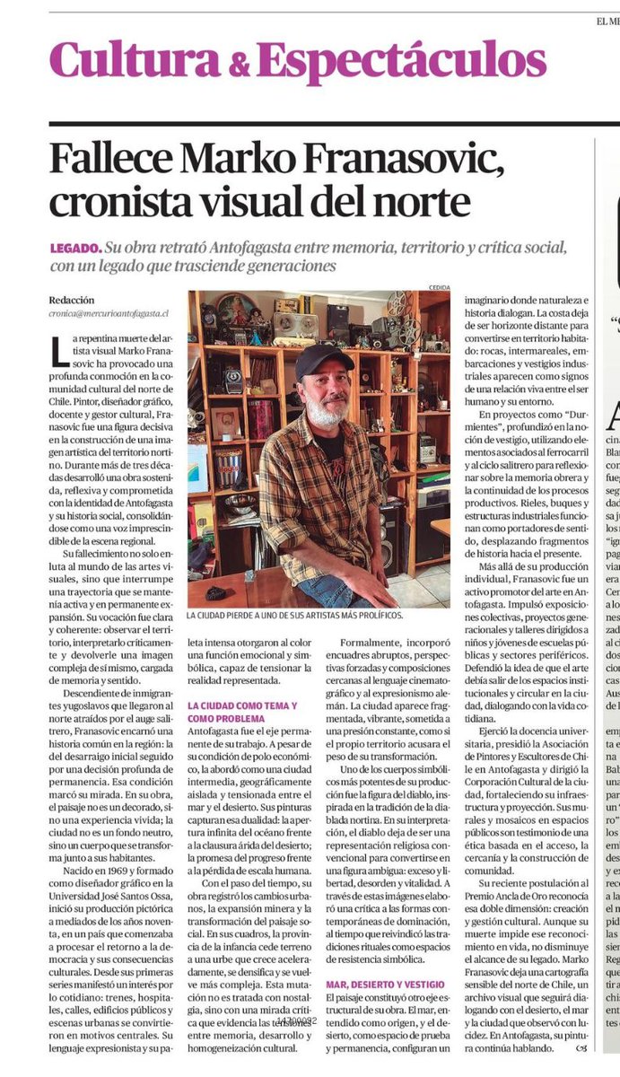 #Antofagasta despide a su hijo más amoroso y talentoso, Marko Franasovic. 
Teatro Municipal desde las 10 horas, entrada por calle Bolívar.
🎨 🖌️