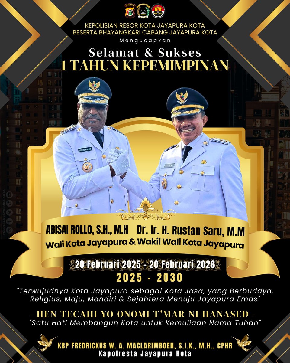 Selamat Dan Sukses 1 Tahun Kepemimpinan 

Wali Kota Jayapura &amp; Wakil Walikota Jayapura