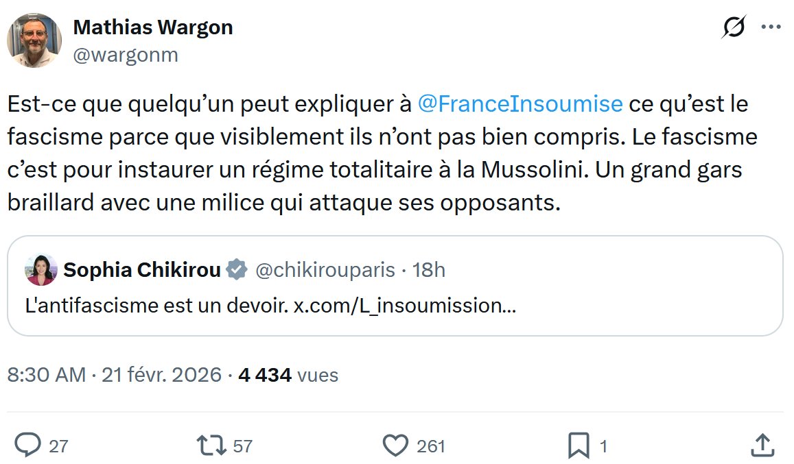 Depuis une semaine, ce genre de post ironique se multiplie chez les macronistes comme à l'extrême droite, pour empêcher de désigner le commando de Quentin D. comme fasciste.

Ces gens auraient sous les yeux la réincarnation de la division Charlemagne, ils continueraient leur déni