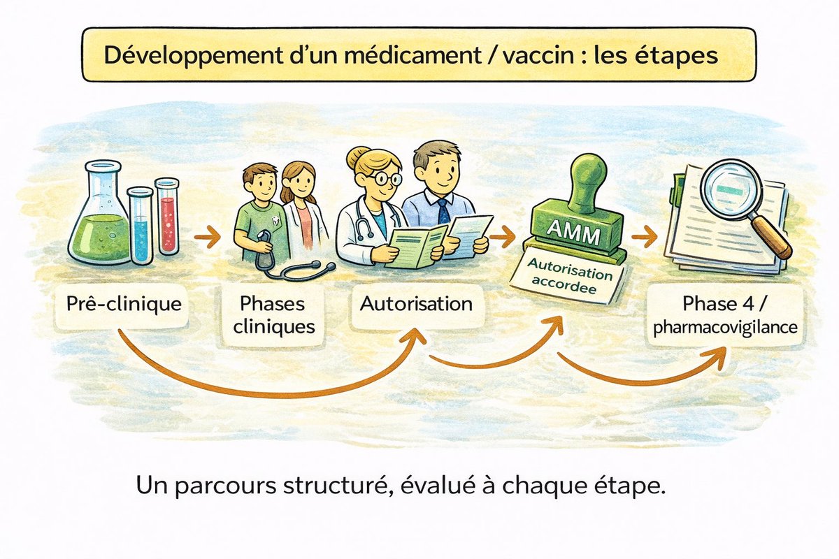 Thread - Les étapes de la recherche sur un médicament, vaccin ou dispositif médical

1/
On voit parfois beaucoup de confusion sur déroulement réel de la recherche biomédicale.
Je vous propose de parcourir ce processus codifié, réglementé, et surtout construit pour évaluer chaque