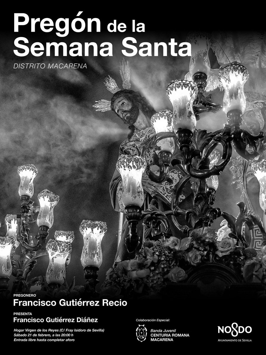 🛑 Este sábado, a las 20:00h, en el Teatro Hogar Virgen de los Reyes, nuestro director <a href="/Gutierrez_Recio/">Fran Gutiérrez</a> pronunciará el Pregón de la Semana Santa de <a href="/DtoMacarena/">Distrito Macarena (Sevilla)</a>.

🚧 Calle Fray Isidoro de Sevilla 1.

🏫 Teatro Hogar Virgen de los Reyes.

‼️ Entrada gratuita. 

#TDSCofrade