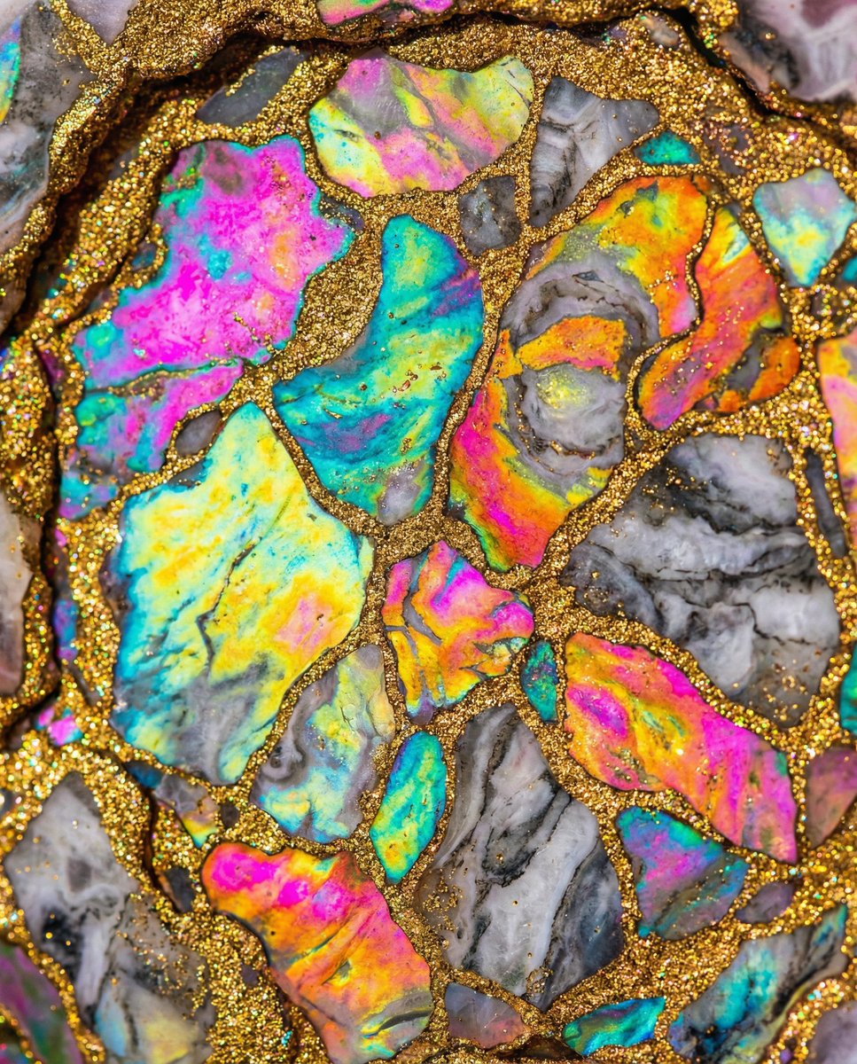 #promptshare with Nano Banana Pro using @freepik 
PROMPT: A close-up, top-down view of a geode-like pattern with vibrant, iridescent colors and gold flecks. The composition is abstract, with irregular shapes of bright pink, teal, lemon-yellow, and orange intermingling with lighter, marbled gray and white sections. These colorful segments are outlined and interspersed with a textured, granular gold material, resembling cracked earth or a mosaic. The overall effect is dazzling and reminiscent of a galaxy or precious stones.