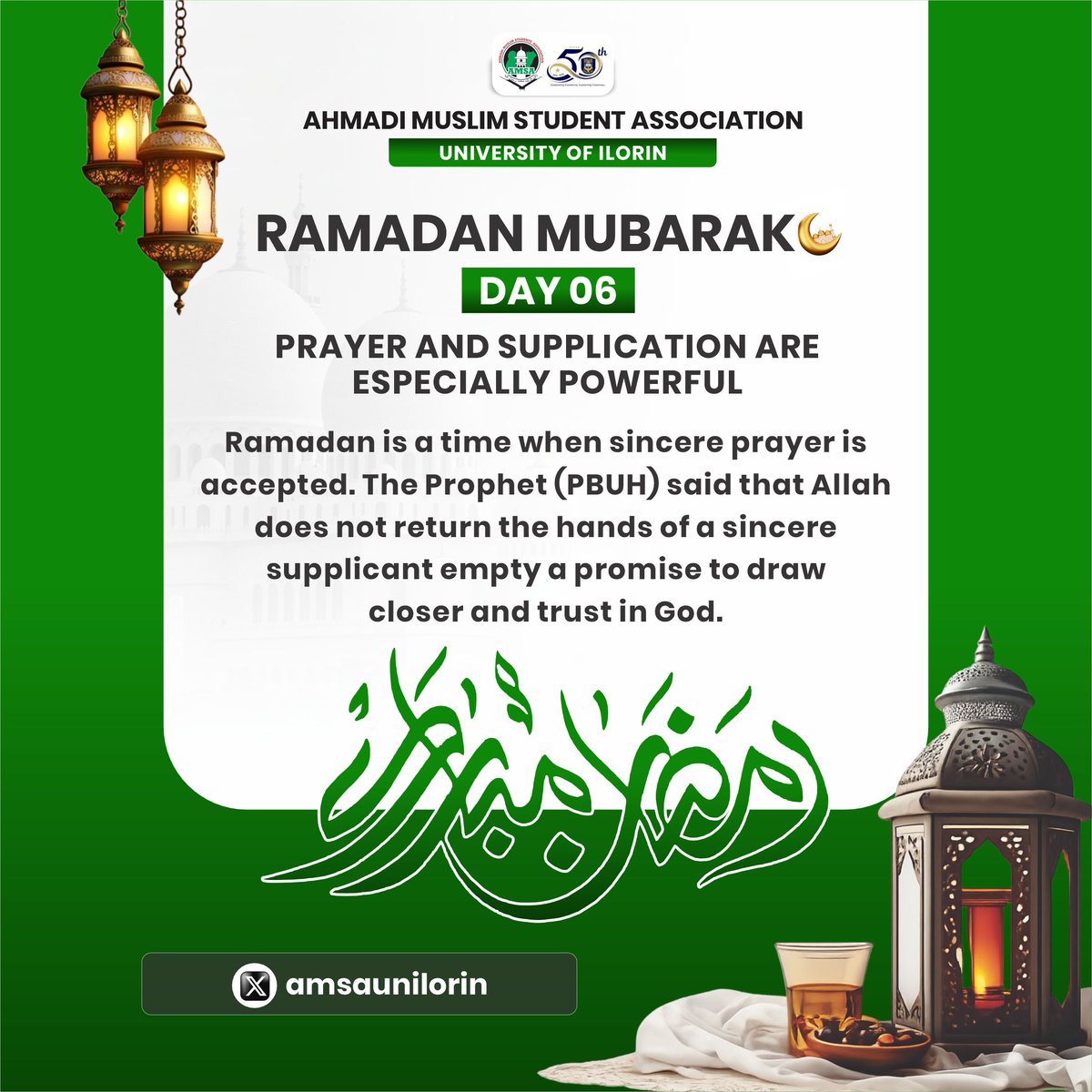 AmsaUnilorin's tweet photo. RAMADAN MUBARAK DAY 06πβ¨
PRAYER AND SUPPLICATION ARE ESPECIALLY POWERFUL
#AmsaUnilorin #Ramadan2026 https://t.co/tdHaEuy5Ea