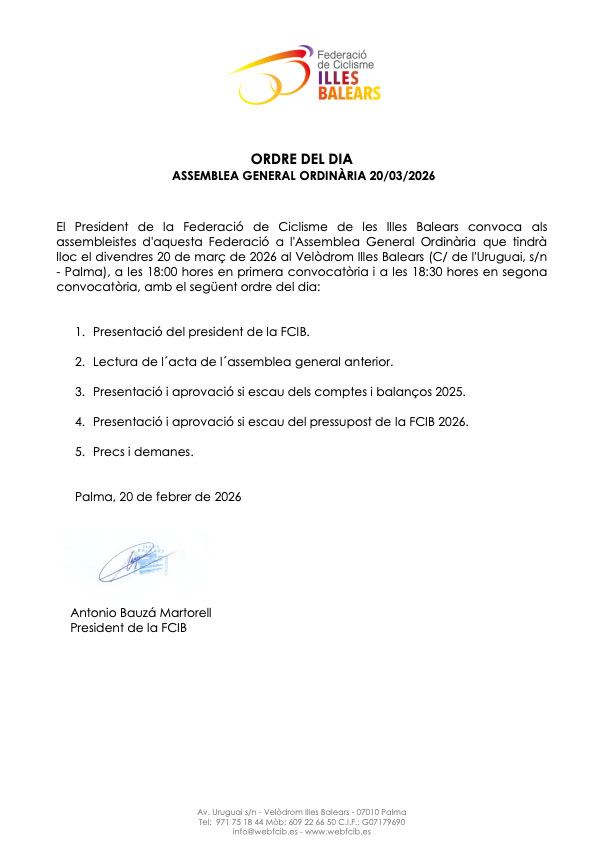 _FCIB's tweet image. Convocam els assembleistes d’aquesta Federació a l’Assemblea General Ordinària, el proper divendres 20 de març a les 18.00 h en 1ª convocatòria i a les 18.30 h en 2ª convocatòria, a la sala de premsa del Velòdrom Illes Balears. En arxiu annex adjuntam l’ordre del dia.