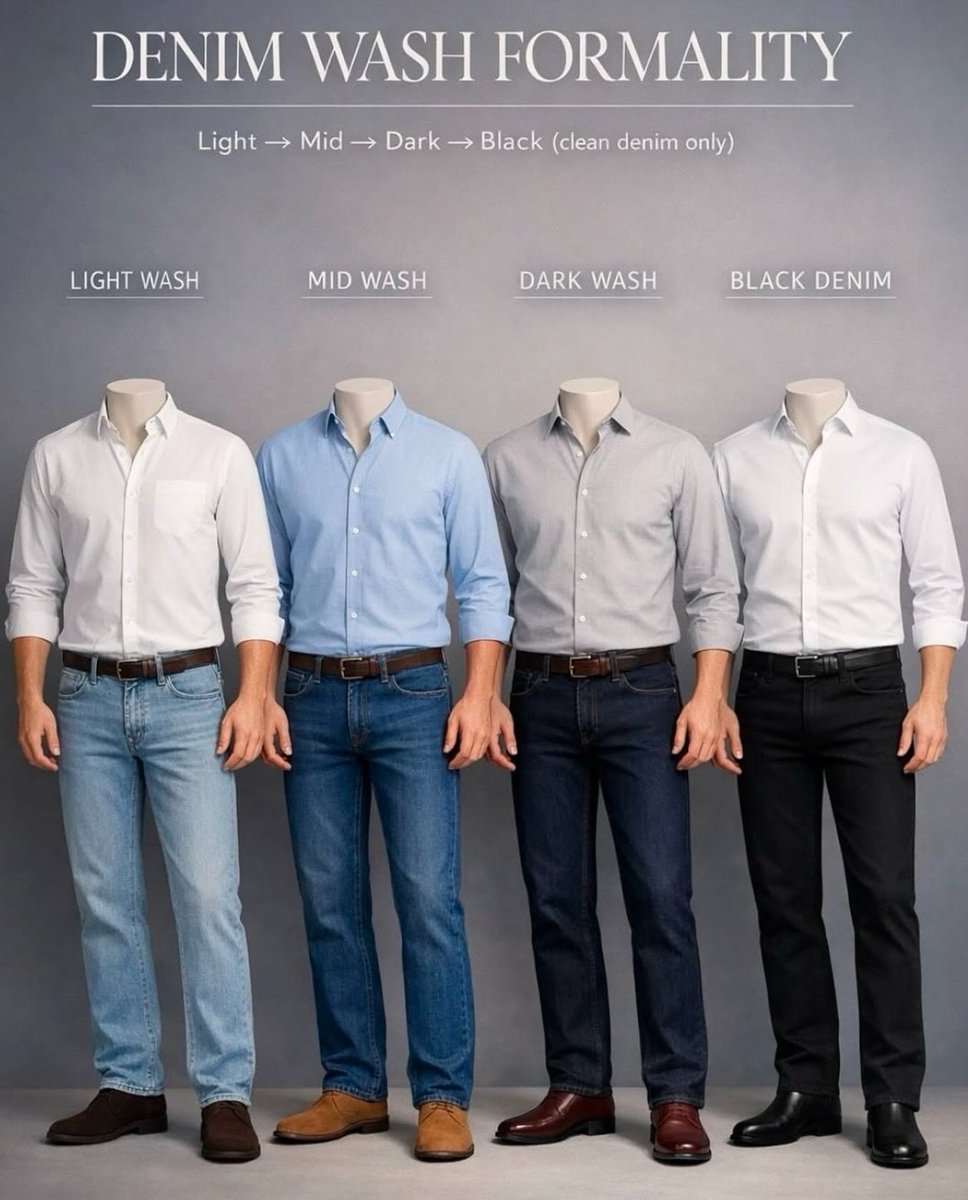 Light + Mid → Dark → Black (keep it clean, no rips).

Light wash: most casual, daytime

Mid wash: everyday safe

Dark wash: smart casual, dinner ready

Black denim: closest to trousers

Which pair of jeans would you prefer?