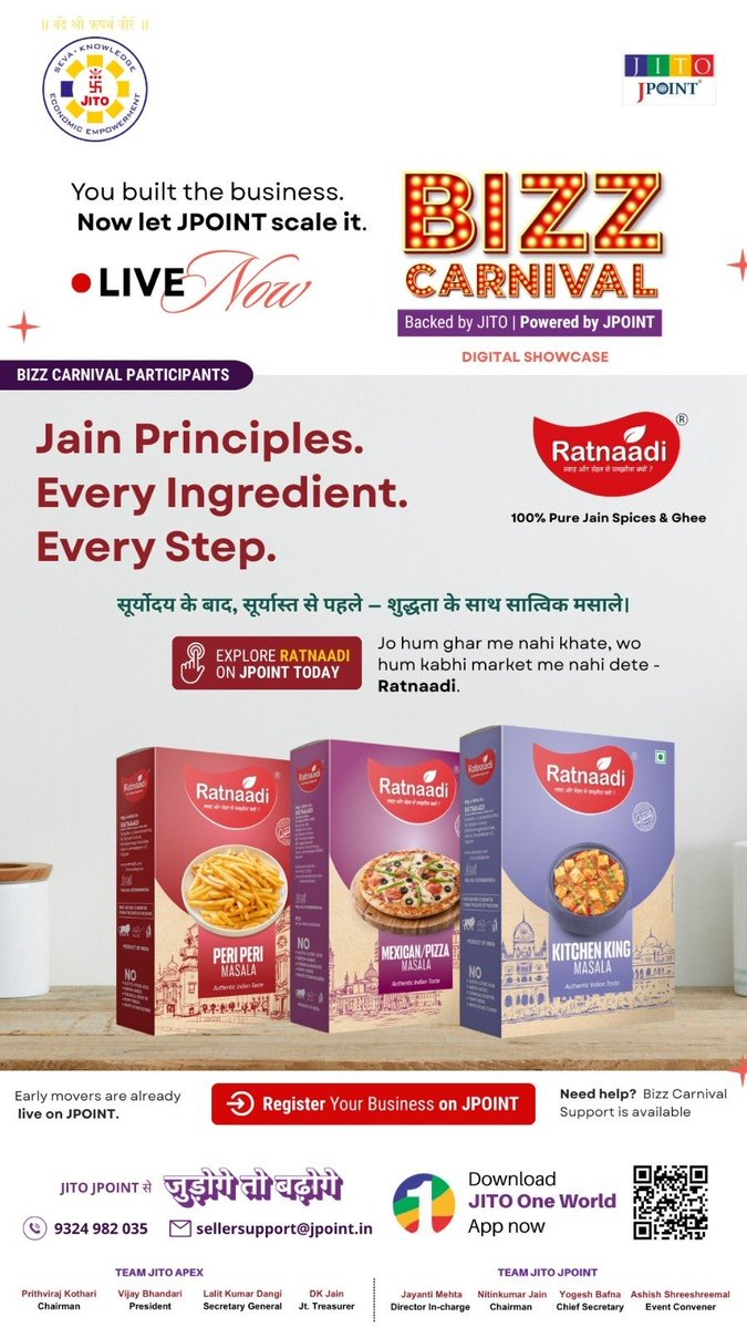 JITO_JPOINT's tweet image. Ratnaadi is now LIVE at Bizz Carnival! Experience the true essence of Jain cuisine with 100% pure, Satvik masale-crafted from sunrise to sunset. Discover on JPOINT: qr.jitoworld.org/app
Brand: 9978350206 ratnaadifoods.com
#JITO #JainFood #Ratnaadi #BizzCarnival #Satvik