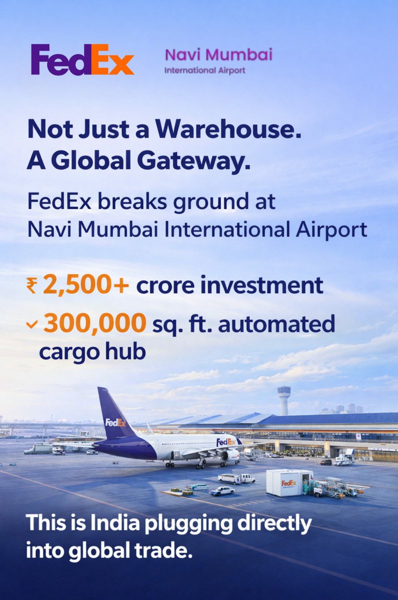 1/4
Adani-Backed #NMIA &amp; FedEx: Structuring India’s Next-Gen Trade Infrastructure 🇮🇳

FedEx is investing ₹2,500+ crore to build a 300,000 sq. ft. automated cargo hub at Navi Mumbai International Airport. This is about long-term capacity creation.

Here’s what the numbers signal: