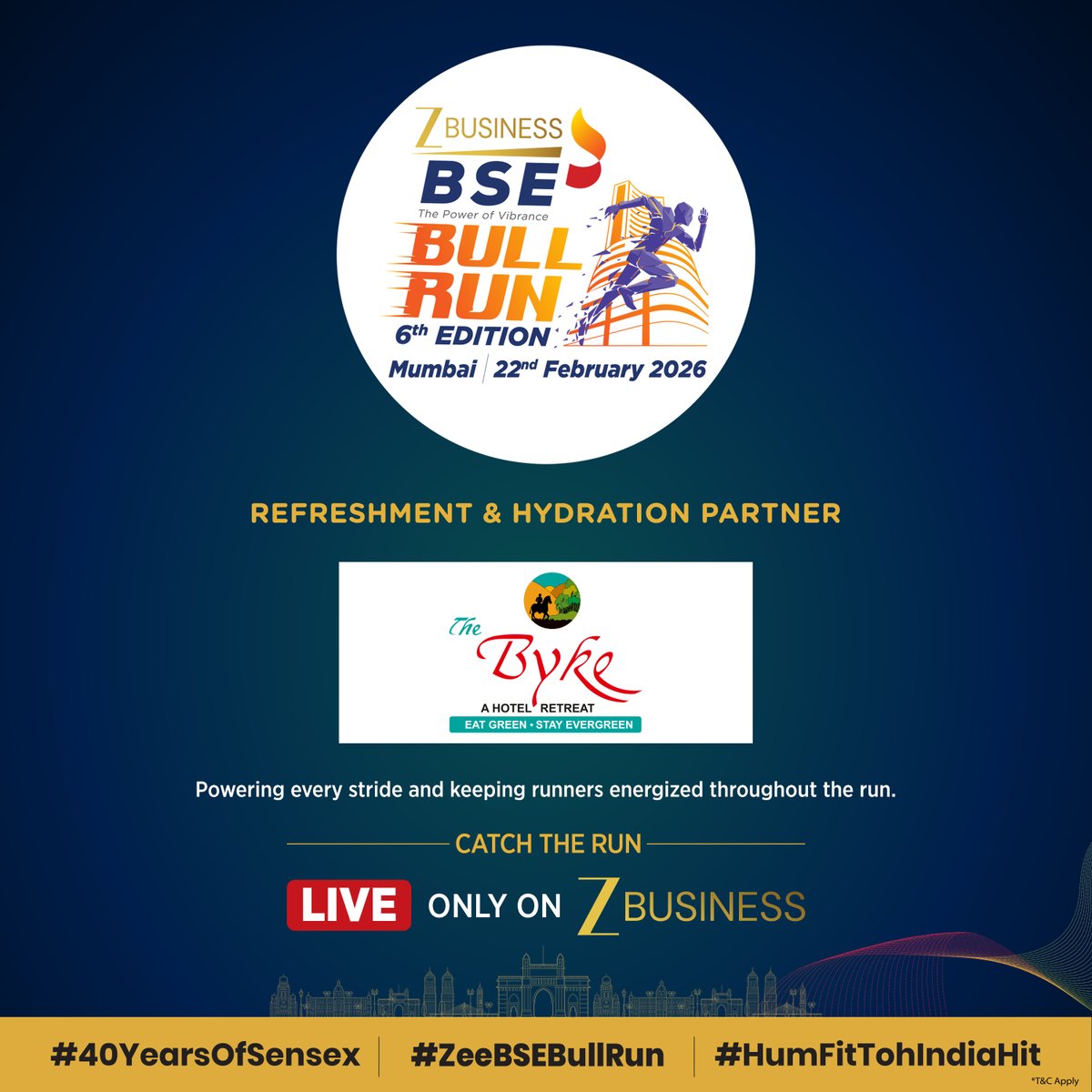 ZeeBusiness's tweet photo. Fueling fitness. Fostering financial confidence.
Join the BSE Bull Run in partnership with Zee Business.
@BSEIndia
Refreshment & Hydration Partner- @TheByke
#40YearsOfSensex #ZeeBSEBullRun #HumFitTohIndiaHit #BSE #ZeeBusiness https://t.co/EEHEmgDvKh