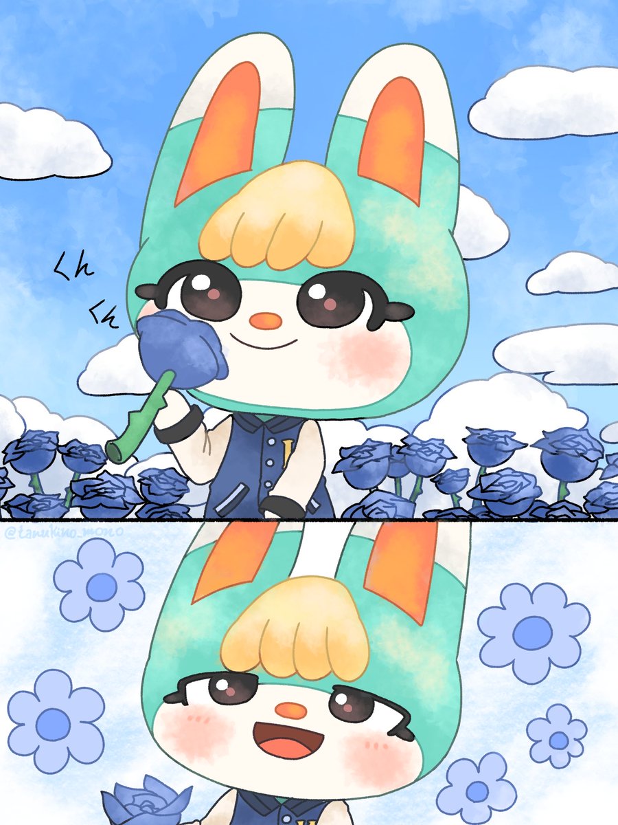 青いバラを嗅いでみたミッチェル🐰🌹
#あつ森 #ACNH