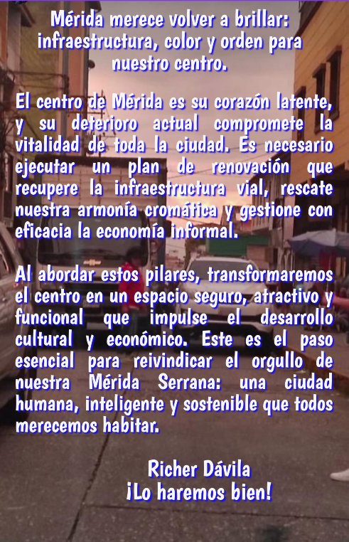 El centro de Mérida es su corazón, y hoy necesita un plan de renovación urgente. ❤️ Proponemos tres ejes clave:
🛣️ Recuperación vial.
🎨 Gestión de colorimetría.
💼 Orden de la economía informal.
El paso esencial para la #MéridaSerrana, humana y sostenible que merecemos. 🏔️✨