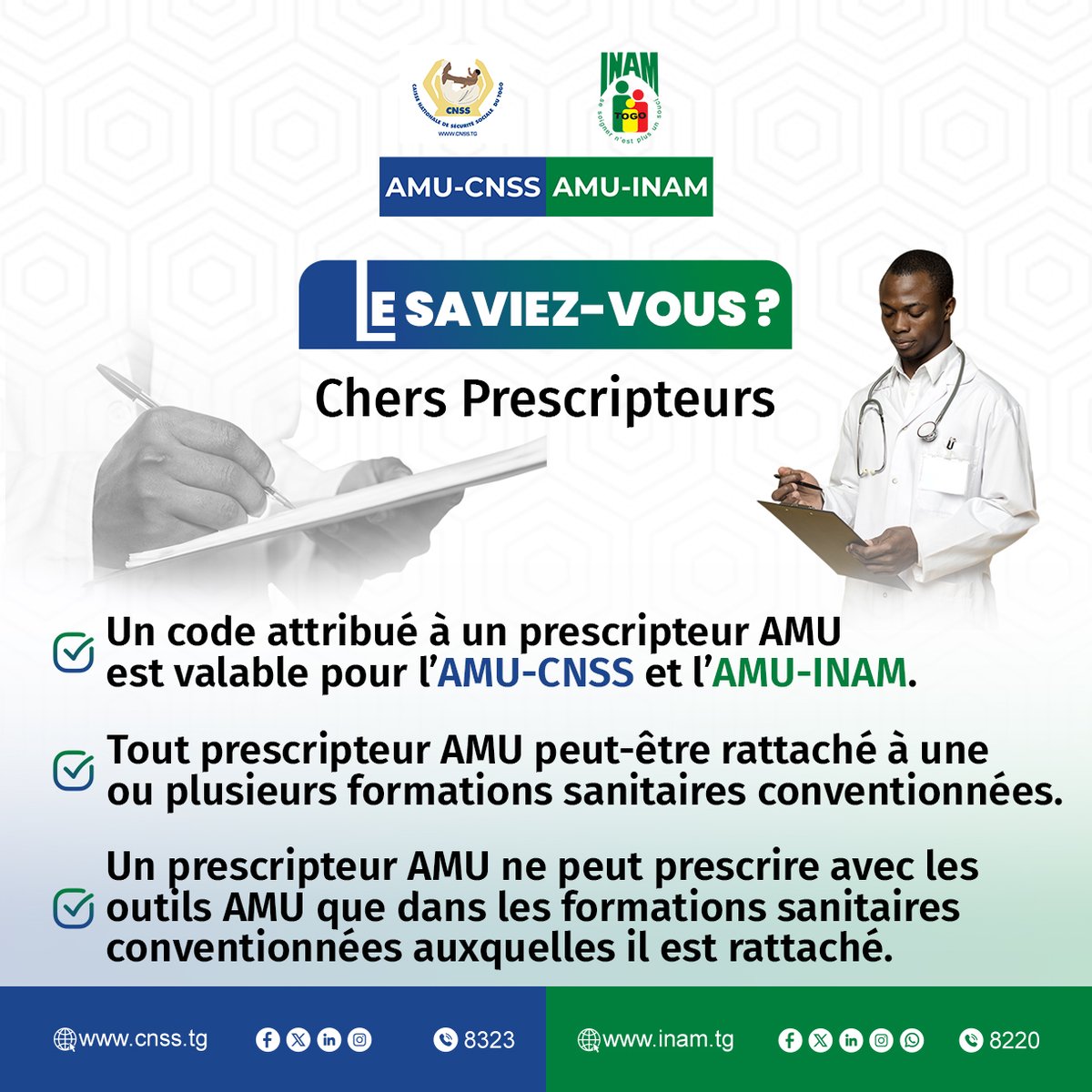 InamTogo's tweet photo. 📢 Rappel! Rappel!
🔴 Le saviez-vous ?
Chers prescripteurs AMU
#AMU #CNSS #AMUINAM #Togo #prescripteurAMU #partenariat #couverturemaladie #santé #assurancemaladie #INAM #Togo https://t.co/Yb1jWEPCb2