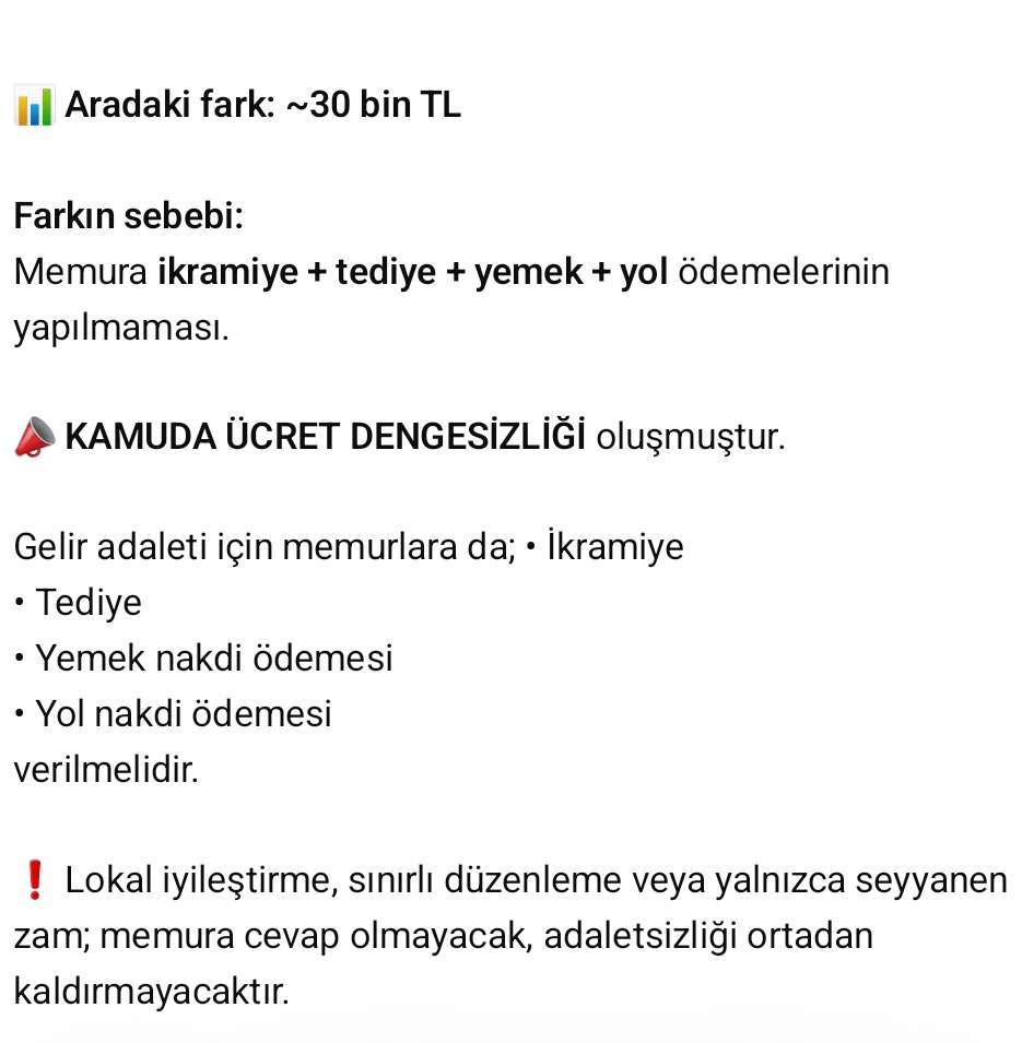 Taşeron şirket → Sınavsız kadro → Kamu İŞÇİSİ statüsü
Maaş: 71 bin TL
Yılda 4 tediye: 80 bin TL
Yılda 2 ikramiye: 92 bin TL
Aylık yemek ve yol (nakdi): 108 bin TL

Aylık gelir : 87-95 bin TL

16 yıl eğitim → KPSS ile kadro → MEMUR statüsü
Sadece maaş: 58-61 bin TL
#memur