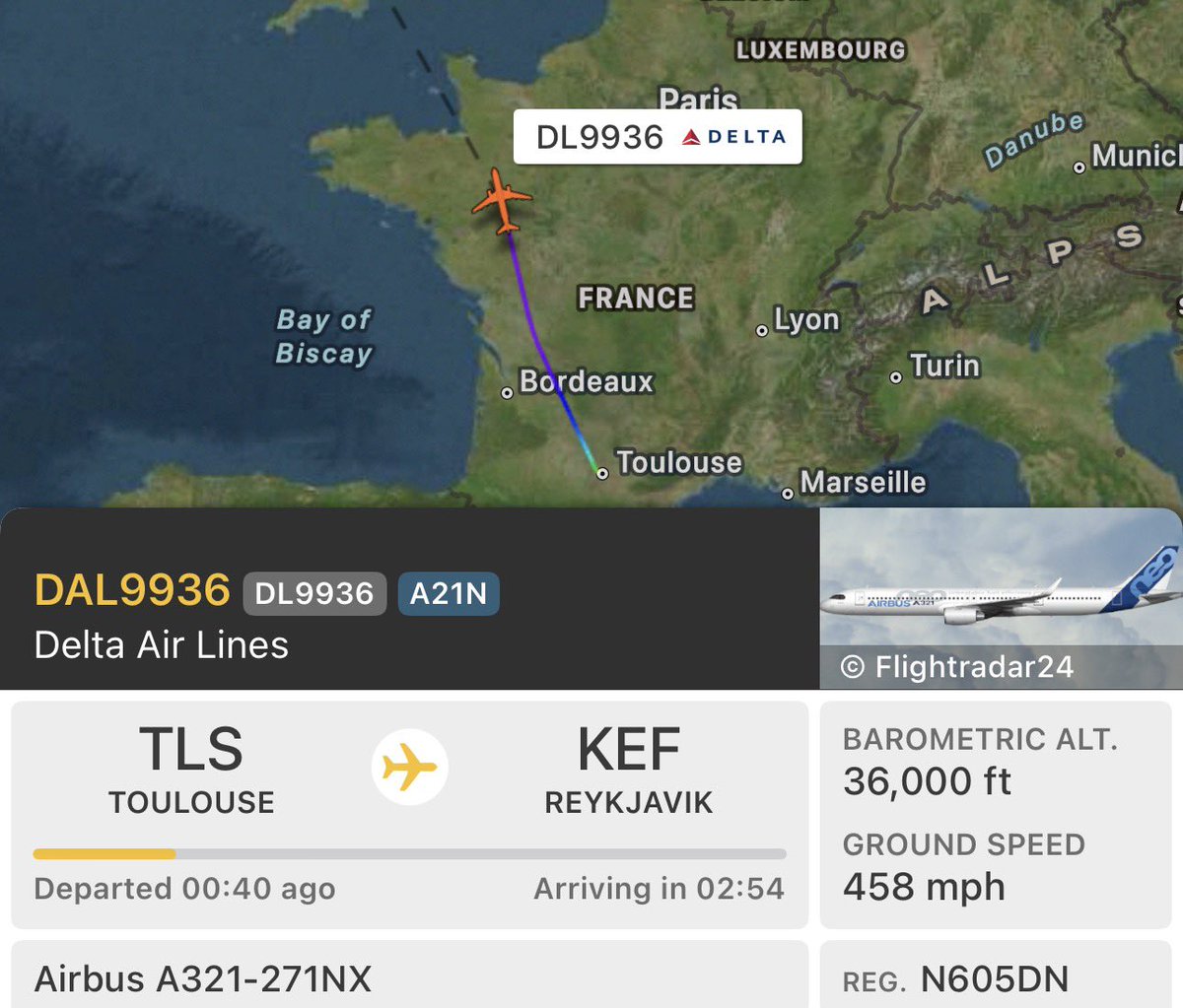 NikPhillips666's tweet photo. On delivery to Delta Air Lines is Airbus A321NX, N605DN, from Toulouse https://t.co/OhHjMgPDPd