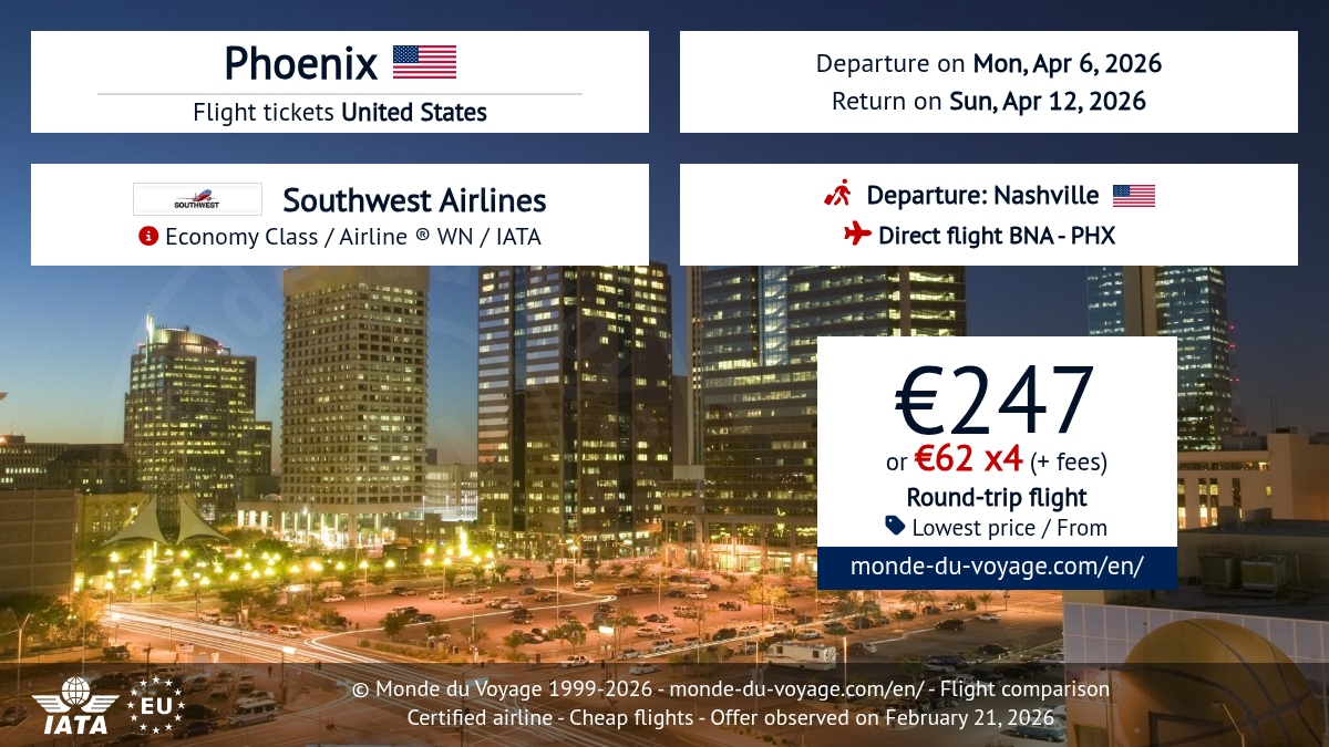 Monde_du_Voyage's tweet photo. Round-trip Southwest Airlines WN flight from Nashville to Phoenix, non-stop, only €247 ✈️🔥 Payment in 3X or 4X available, promo code already applied! #TravelDeal #SouthwestAirlines #Flight2026 #USAflights #NonStopFlight https://t.co/QxpgDfqaZT https://t.co/qJFBRmQ2NJ