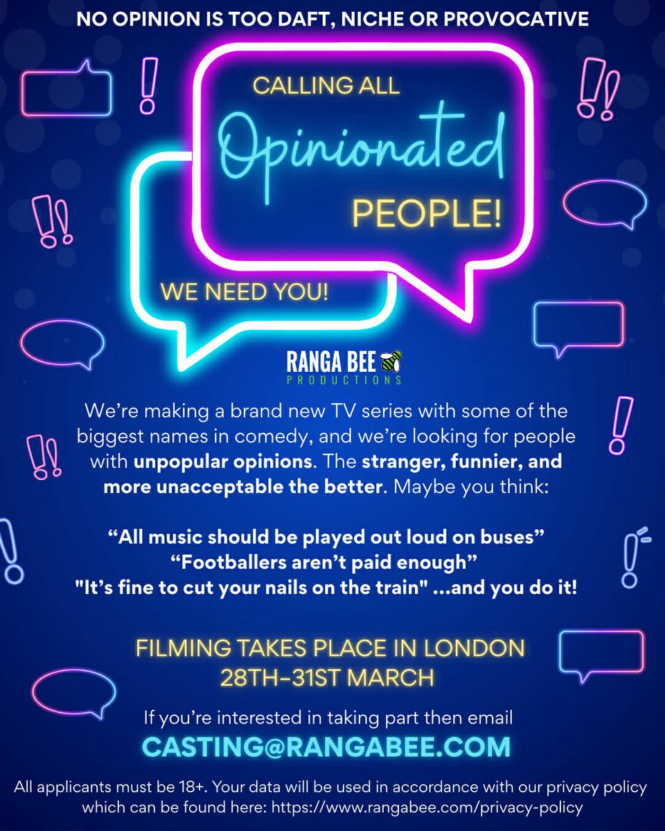 🟡 #BEONSCREEN 🟡

A brand new #comedy #panelshow is looking for #opinionated people to take part, alongside some of the #UK’s best loved #comedians 🎤

📧 casting@rangabee.com

#casting #tvcasting #newshow #thecastingcrew