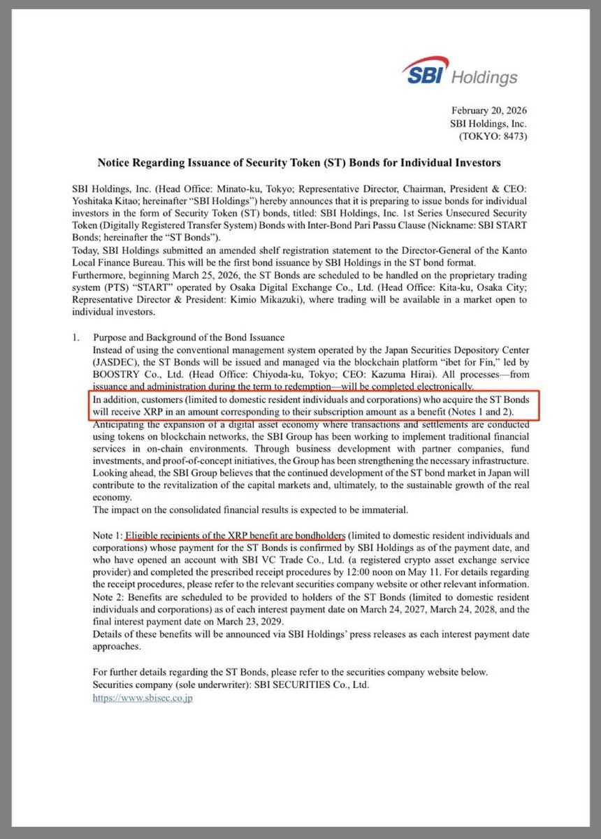 BOOOOOM!💥 

SBI Holdings is issuing blockchain based security token bonds in Japan, with investors receiving $XRP as a benefit tied to their subscription✅

A notable step toward tokenized finance, bridging traditional capital markets with digital assets and realworld utility🎯