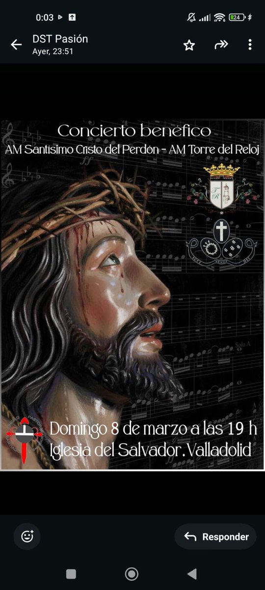 sagradapasion's tweet photo. La Agrupación Musical "Santísimo Cristo del Perdón" de nuestra cofradía participará junto con la Agrupación Musical "" Torre del Reloj" @AmReloj de Peñafiel en un Concierto benéfico el próximo 8 de marzo a las 19 h. en la Iglesia del Salvador. https://t.co/hoEvViNnj7