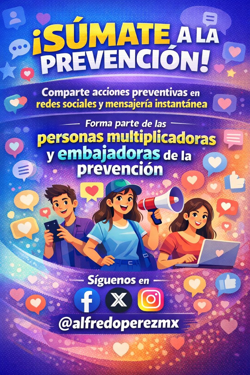La #prevención también se comparte. 📲
Difunde, informa y multiplica acciones preventivas en tus redes. 🤝 Sé una persona embajadora y multiplicadora de la #prevención. #SigamosJuntasyJuntos

#PrevenciónActiva #ComunidadSegura