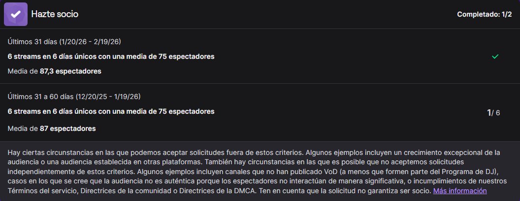 ✨He completado el Partner de Twitch✨
Solo me queda un mes para solicitarlo 🤩
Muy orgulloso a todo el trabajo y sacrificio
Pero sobre todo muy agradecido a la gente que se pasa y le gusta el contenido y sobre todo la persona que soy
Gracias ♥️
Seguiremos trabajando, esto es