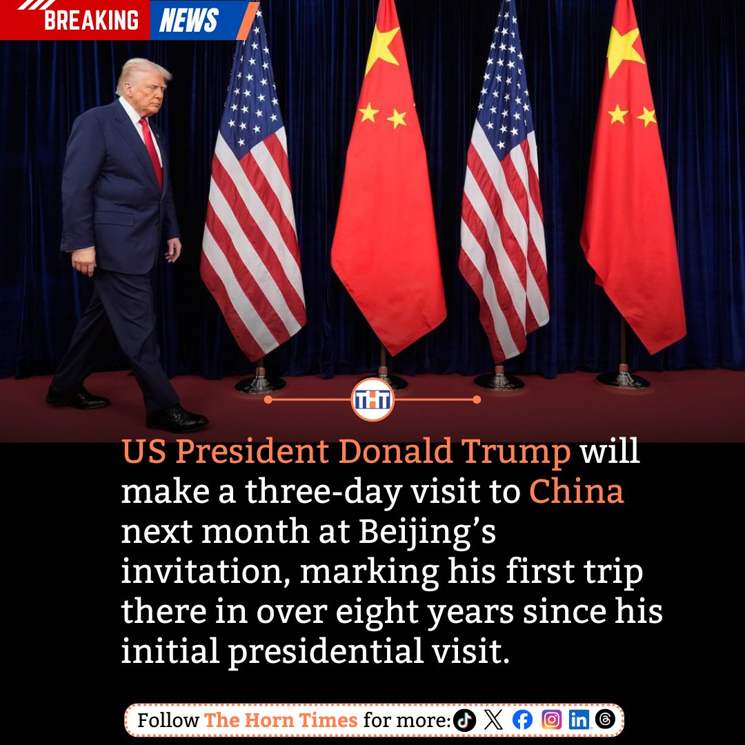 President Donald Trump will make a three-day visit to China next month at Beijing’s invitation, the White House says.
It will be his first trip there in over eight years.

#USA #China