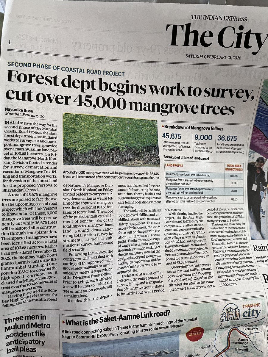 Irony died a thousand deaths—- Forest dept begins work to cut over 45,000 mangrove trees! 

“cut the current travel time down from 120 mins to just 18 mins” 

Such tearing hurry to destroy whatever NATURAL blue &amp; green infrastructure is left in Mumbai so that we all breathe dust!