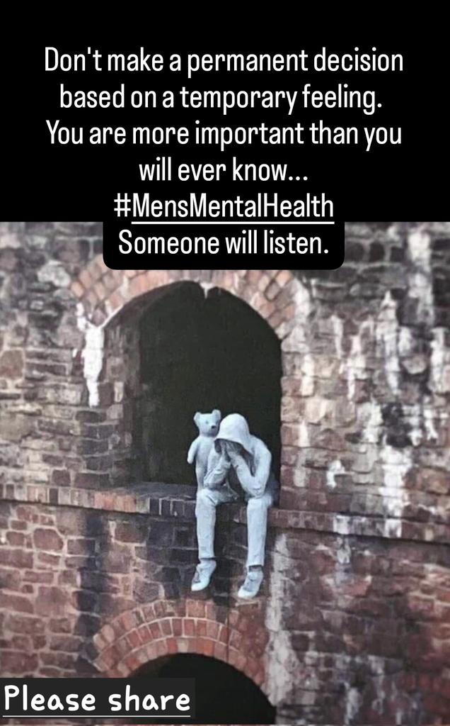 ashurst76's tweet photo. A powerful image
We've all been affected &amp; felt the impact when friends, family or people we know have thought there wasn't a way forward or a way out. 
Check in on each other... it could make a real difference. 💪
Must be worth a share...
#mensmentalhealth https://t.co/u6fIFtnzrw