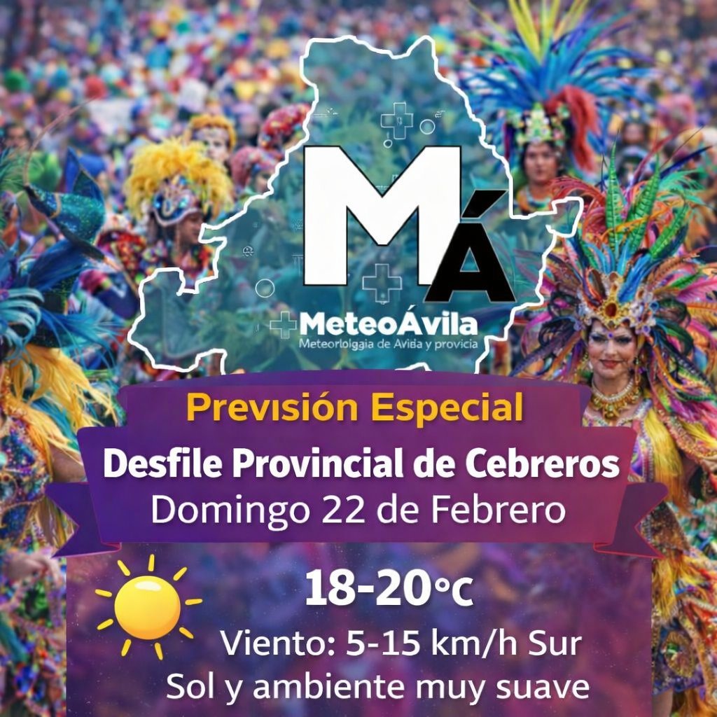 🎭  Desfile Provincial de #Cebreros
📆 Domingo 22 de Febrero
📍Provincia de #Ávila (#Carnaval)

☀️ Cielos despejados
🌡️🔼 Temperaturas de 18-20°C.
🌬️ Viento del sur muy débil. 
♨️ Calor para la época.