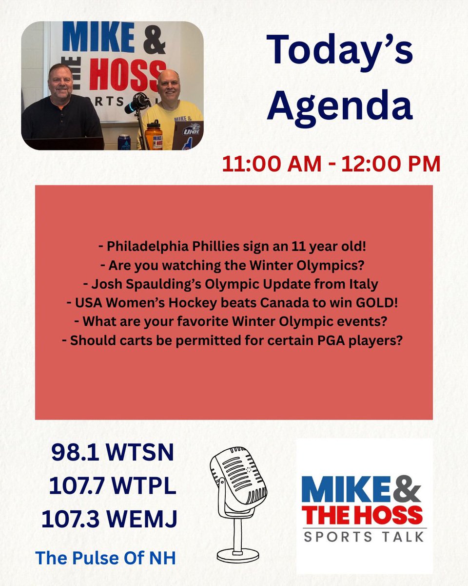 mikeandthehoss's tweet image. Happy Mike &amp;amp; The Hoss Saturday!
We will be LIVE at 11 AM on @thepulseofnh radio. 📻

Red Sox talk ⚾, the Philadelphia Phillies 11-year-old story, Olympic update from Josh Spaulding &amp;amp; USA 🥇 in women’s hockey!

#mikeandthehoss #sportstalk #newengland #Olympics2026