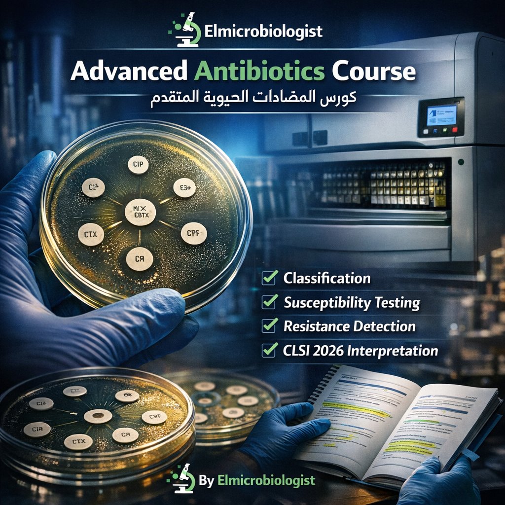 amustafa1317's tweet photo. 🚨 لأول مرة… كورس المضادات الحيوية المتقدم بشكل عملي حقيقي من داخل المعمل!

📚 الكورس بينقسم لـ 4 محاور أساسية:
1️⃣ تصنيف المضادات الحيوية
2️⃣ الجزء المعملي بالتفص��ل 
3️⃣ كشف مقاومة المضادات الحيوية  MRSA, ESBL, AmpC, Carbapenemase
4️⃣ شرح عملي لـ CLSI 2026 &amp; Canadian Guidelines https://t.co/ldASf3V9Lr
