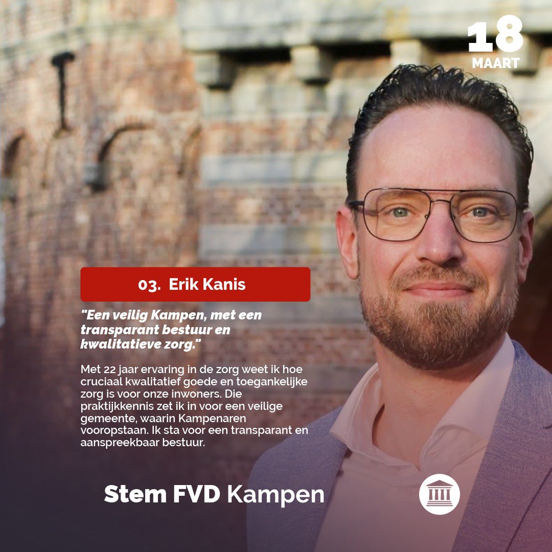 fvd_kampen's tweet image. Maak kennis met ons team! 🔥
Vandaag stellen we kandidaat nr. 3: Erik Kanis aan jullie voor.
Met 22 jaar ervaring in de zorg weet hij hoe belangrijk goede, toegankelijke en menselijke zorg is voor onze inwoners. 

lees ons programma op: fvd.nl/kampen.