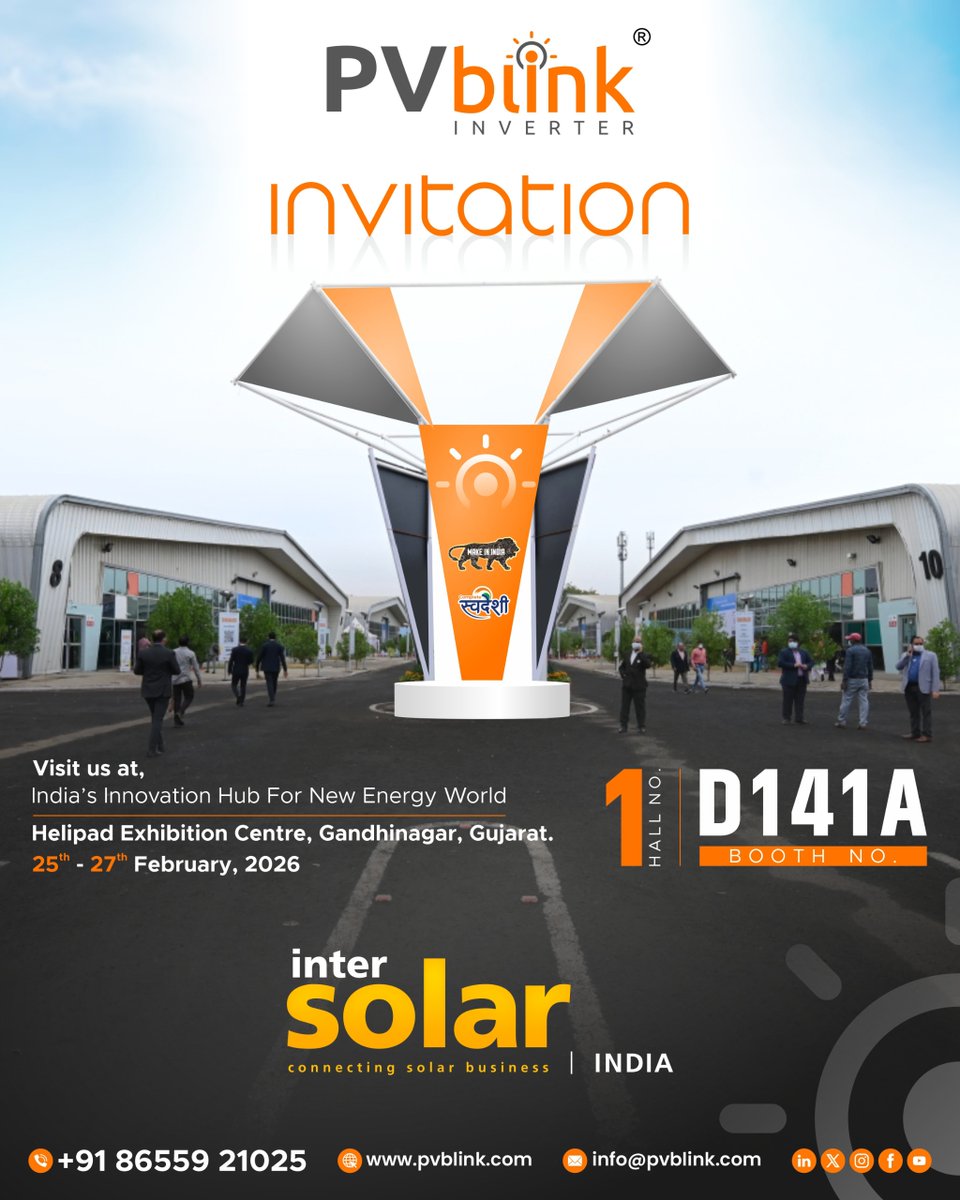 PVblinkInverter's tweet image. You’re Invited!

Join #PVblink Technology Pvt. Ltd. at #InterSolarIndia 2026
📍 Hall 1 | Booth D141A
📅 25–27 Feb 2026 | Gandhinagar

Let’s build a sustainable tomorrow together.

📞+91 8655921025
📧 info@pvblink.com
🌎 pvblink.com 

#SolarExpo #SolarInverter #Energy