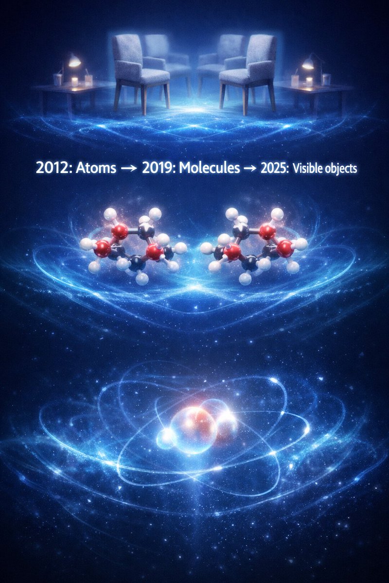 ⚛️ In 2012, physicists proved you can exist in two places at once.

Not theoretically. Actually.

They put a molecule in superposition  physically existing in two separate locations simultaneously.

Then they scaled it up.

By 2019, scientists did it with a 2,000 atom object.

In