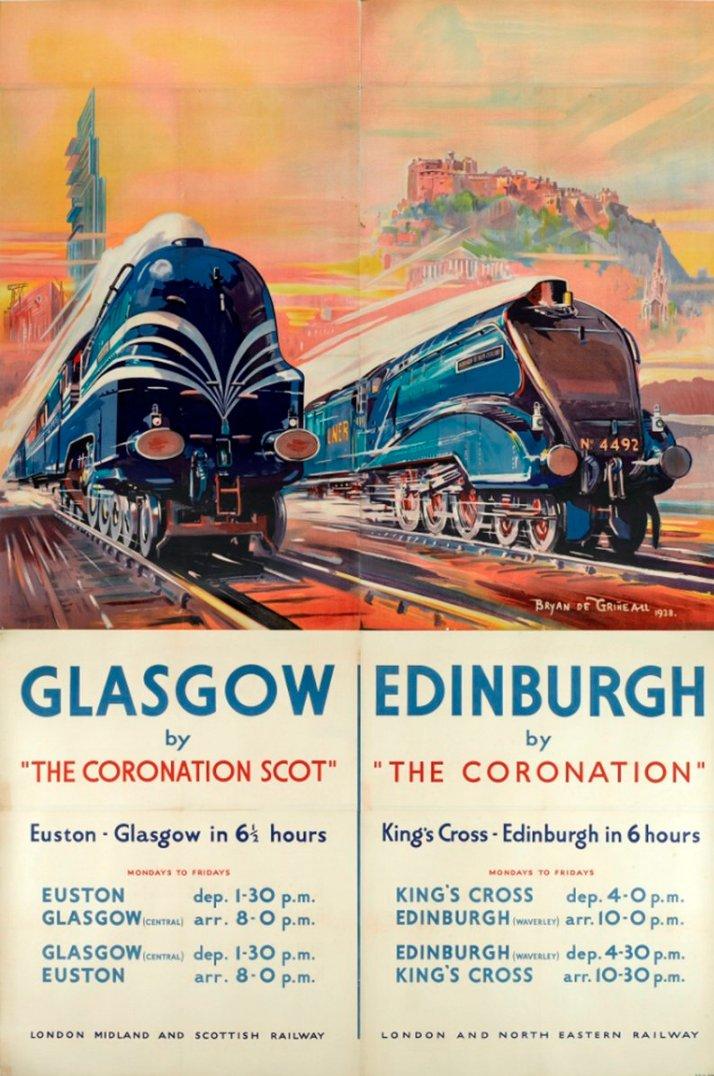 Glasgow or Edinburgh? You decide!

1938 rail poster by Bryan de Grineau. The Art Deco building in the background is the Tait Tower on Ibrox Hill, demolished in 1939.