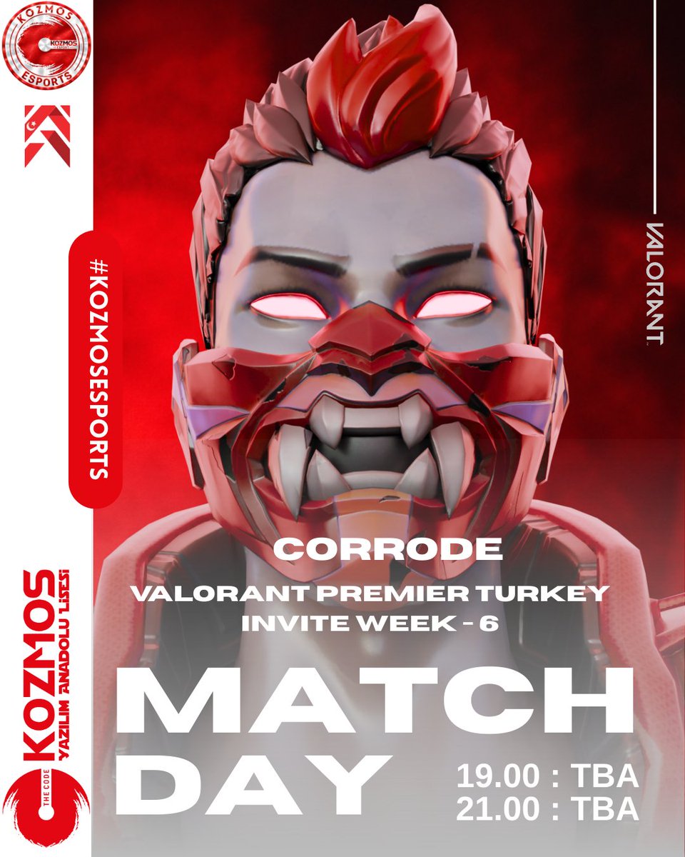 🇹🇷 VALORANT Premier Türkiye Invite 6.Hafta müsabakalarına çıkıyoruz.

🆚 TBA
⏰ 19.00
⏰ 21.00
📺 Yayın bulunmamaktadır.

💪 Başarılar TAKIM!

#kozmosesports #kozmoslisesi #letsgokozmos #kze