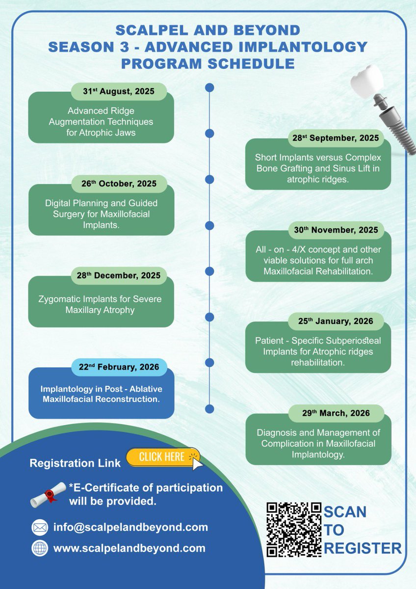 omfsjimson's tweet photo. You are invited to register for a Masterclass on Advanced Implantology

When: February 22nd, 2026 11:00 AM India
Topic: “Implantology in Post Ablative Maxillofacial Reconstruction”

Register in advance for this webinar:
https://t.co/bFkr2teDUz

After registering, you will receive a confirmation email containing information about joining the webinar. @UTMB_OMFS @IAOMS @BAOMSOfficial @aaoms