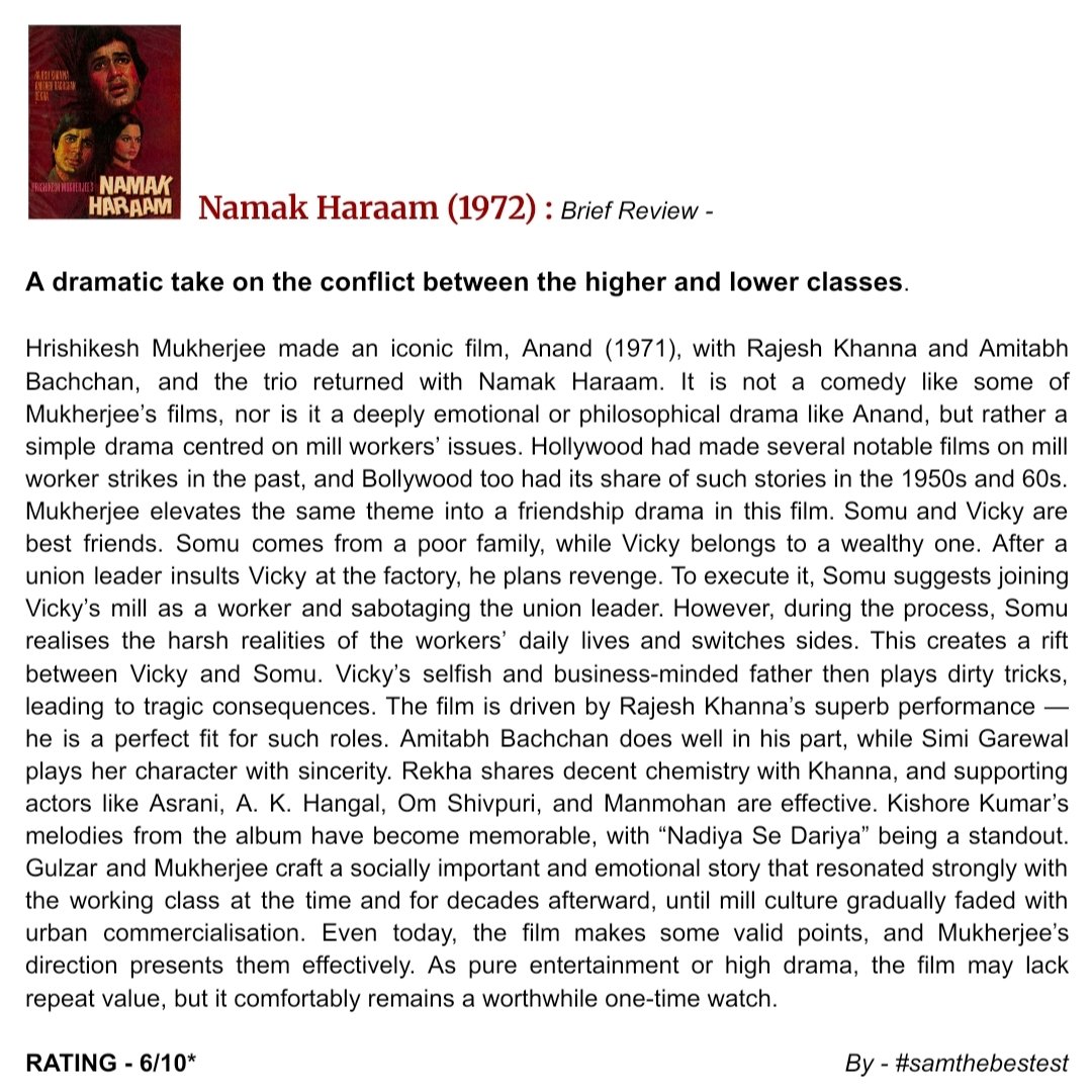 SAMTHEBESTEST_'s tweet photo. #NamakHaraam (1972) :

A dramatic take on the conflict between the higher and lower classes.

RATING - 6/10*

#HrishikeshMukherjee #RajeshKhanna #AmitabhBachchan #Rekha #SimiGarewal #Manmohan #AKHangal #Asrani #OmShivpuri #OldBollywood https://t.co/GclJF0Ytf6