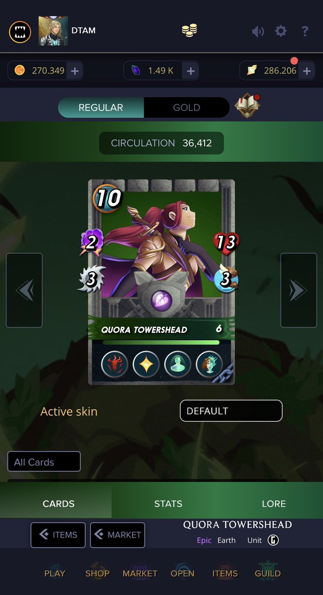 Unbelievable that my first max gladiator card in <a href="/splinterlands/">Splinterlands</a> is the epic Quora Towershead. It takes 46 cards to combine for a max copy, and you can’t buy these special gladiator cards. It helps being part of a great guild, thanks Knights of Praetoria and <a href="/Dejota_SPS/">Dejota</a> -Dtam