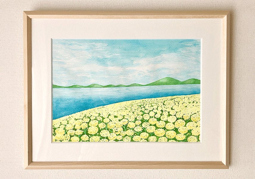 海沿いの菜の花畑」 額縁含む外寸 H:305mm W:396mm 展示にお誘い