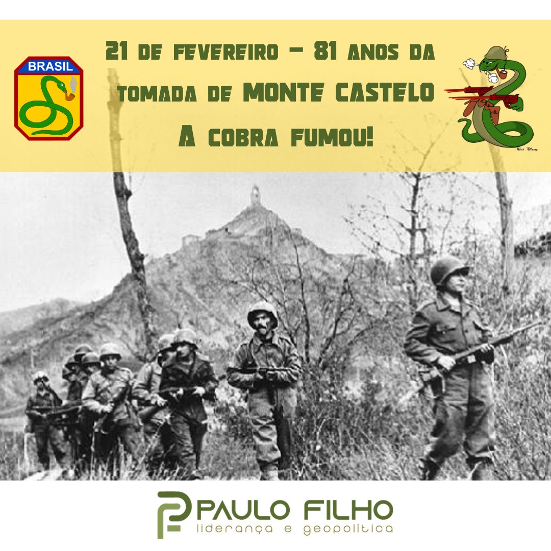 PauloFilho_90's tweet photo. Hoje, celebram-se 81 anos da tomada de Monte Castelo pelos pracinhas da Força Expedicionária Brasileira.  Como disse o comandante da FEB, Marechal Mascarenhas de Moraes: “Monte Castelo representa a preliminar gloriosa das nossas vitórias no Vale do Reno, exaltando a honra e a dignidade das armas brasileiras para a conquista de outros triunfos.” 
#ACobraFumou! 
Leiam o texto comemorativo do @exercitooficial  https://t.co/2uFtflDn8J